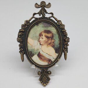 Vintage Italian Brass Ornate Oval Framed With Girl Portrait 2x3 Victorian Style
